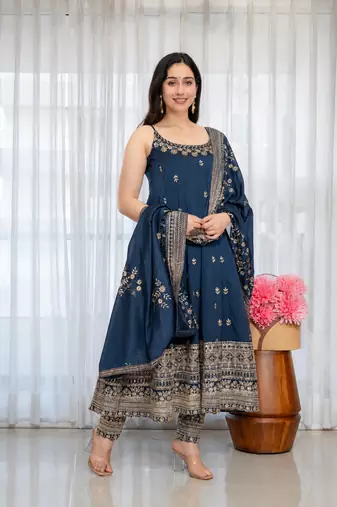 navy blue vichitra silk embroidery party wear suit set