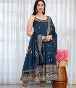 navy blue vichitra silk embroidery party wear suit set