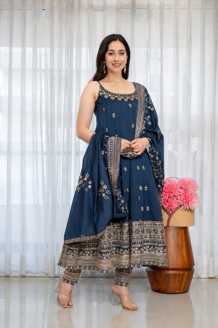 navy blue vichitra silk embroidery party wear suit set