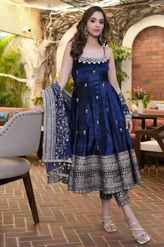 navy blue vichitra silk embroidery party wear suit set