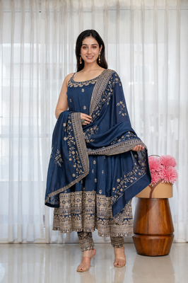 navy blue vichitra silk embroidery party wear suit set 3
