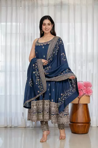 navy blue vichitra silk embroidery party wear suit set