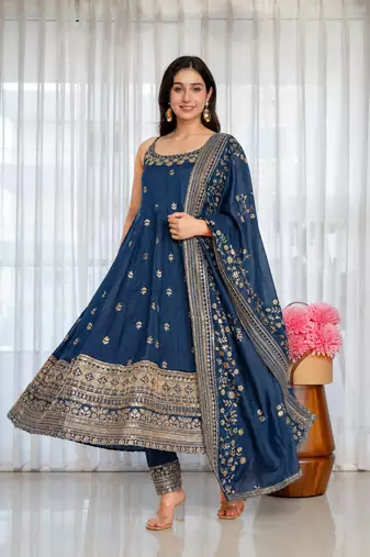 navy blue vichitra silk embroidery party wear suit set