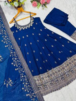 navy blue vichitra silk embroidery party wear suit set 5