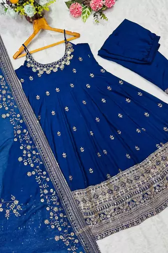 navy blue vichitra silk embroidery party wear suit set