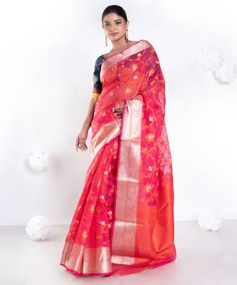 Banarasi kora cotton saree in sunset red color with floral jaal and golden border 1