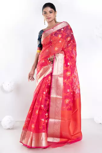 Banarasi kora cotton saree in sunset red color with floral jaal and golden border