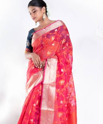 Banarasi kora cotton saree in sunset red color with floral jaal and golden border 2