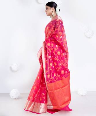 Banarasi kora cotton saree in sunset red color with floral jaal and golden border 3