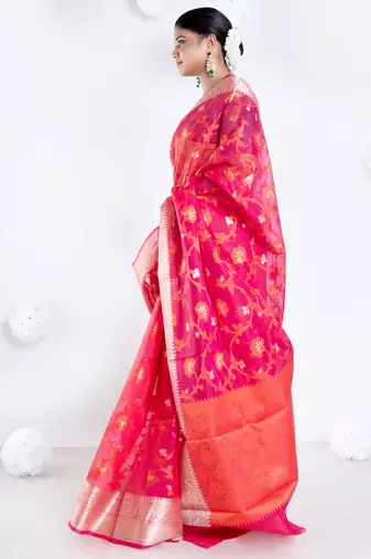 Banarasi kora cotton saree in sunset red color with floral jaal and golden border