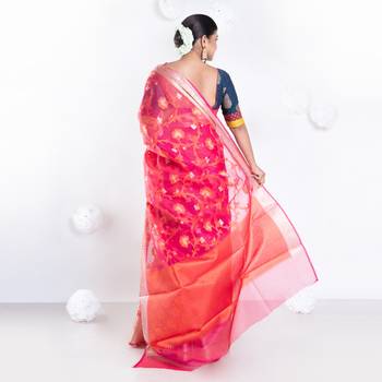Banarasi kora cotton saree in sunset red color with floral jaal and golden border 4