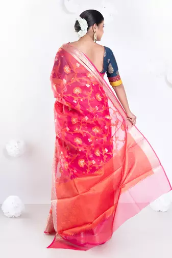 Banarasi kora cotton saree in sunset red color with floral jaal and golden border