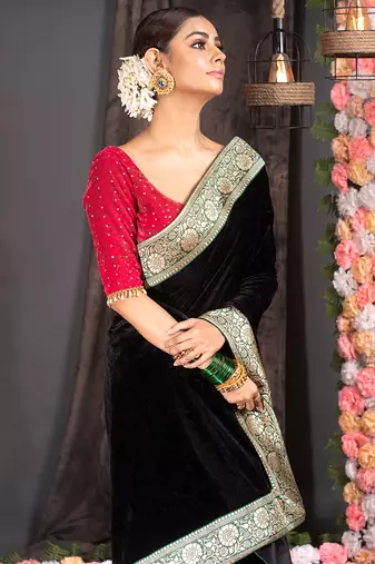 BLACK VELVET SAREE WITH BROCADE BANARASI BORDER