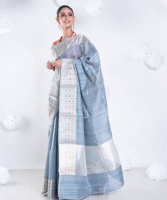 Banarasi chanderi cotton in grey color with dual shade and zari border 1