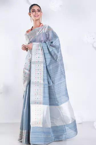 Banarasi chanderi cotton in grey color with dual shade and zari border