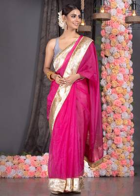 Hot pink organza saree with gold gota border and fringe lace 1