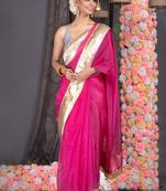 Hot pink organza saree with gold gota border and fringe lace
