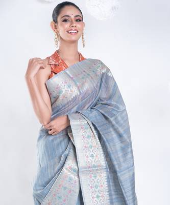 Banarasi chanderi cotton in grey color with dual shade and zari border 2
