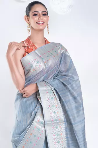 Banarasi chanderi cotton in grey color with dual shade and zari border