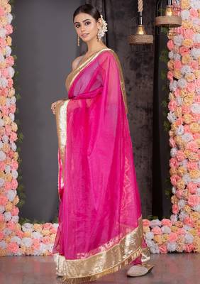 Hot pink organza saree with gold gota border and fringe lace 2