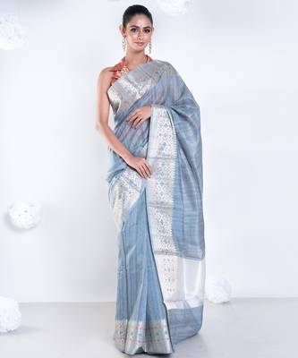Banarasi chanderi cotton in grey color with dual shade and zari border 3