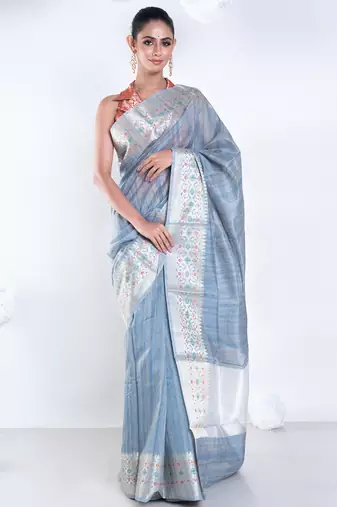Banarasi chanderi cotton in grey color with dual shade and zari border
