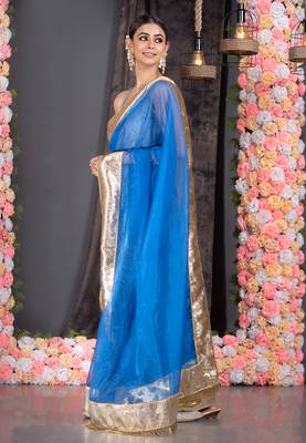 Royal blue organza saree with gold gota border and fringe lace 2