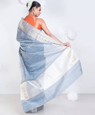 Banarasi chanderi cotton in grey color with dual shade and zari border 4
