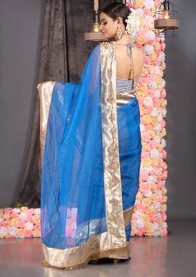 Royal blue organza saree with gold gota border and fringe lace 3