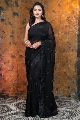 Black Georgette saree with sequin border and handmade rosette 1