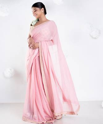 Pink color Georgette saree with golden embroidered border 3