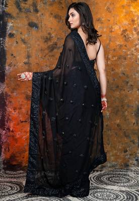 Black Georgette saree with sequin border and handmade rosette 3