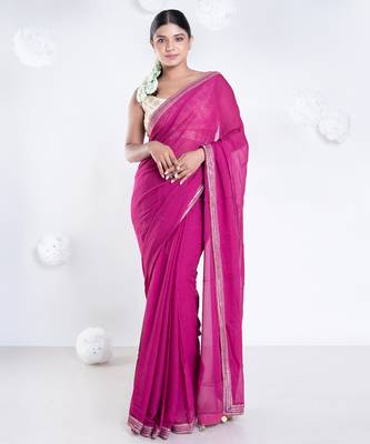 Georgette saree with pink color with golden embroidered border 1