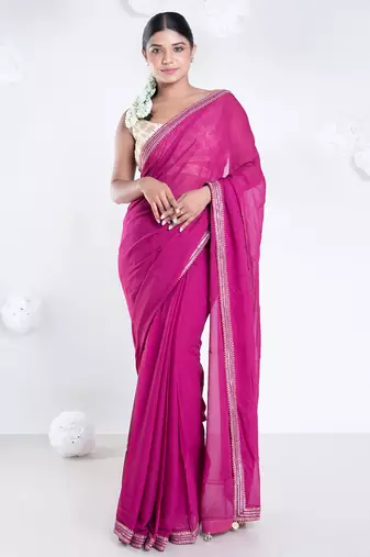 Georgette saree with pink color with golden embroidered border