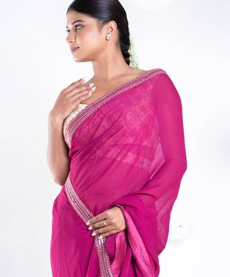 Georgette saree with pink color with golden embroidered border 2