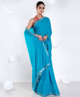 Georgette saree with blue color with golden embroidered border 1