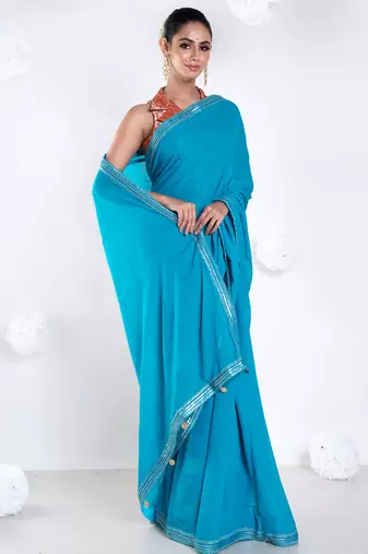 Georgette saree with blue color with golden embroidered border