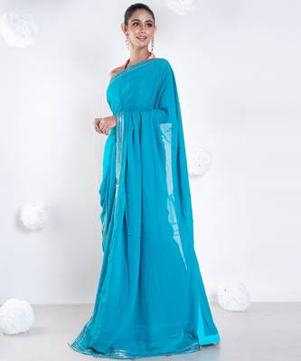 Georgette saree with blue color with golden embroidered border 3