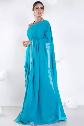 Georgette saree with blue color with golden embroidered border