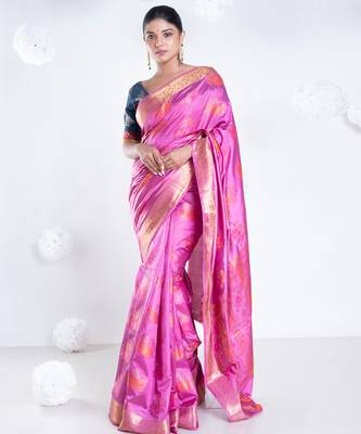 Banarasi ari silk blend saree in magenta color with multicolor motifs and zari border 1