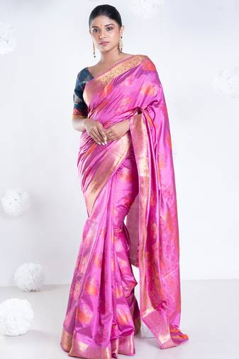 Banarasi ari silk saree in magenta color with multicolor motifs and zari border