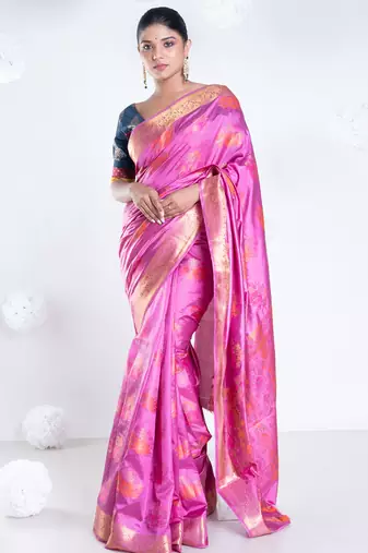 Banarasi ari silk saree in magenta color with multicolor motifs and zari border