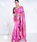 Banarasi ari silk saree in magenta color with multicolor motifs and zari border