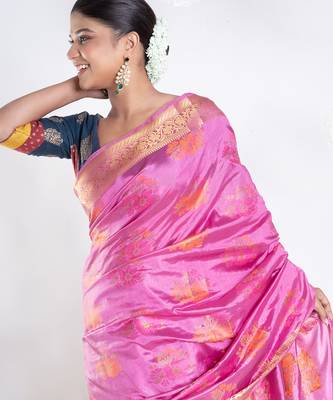 Banarasi ari silk blend saree in magenta color with multicolor motifs and zari border 2
