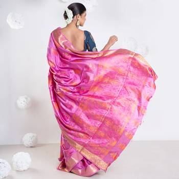 Banarasi ari silk blend saree in magenta color with multicolor motifs and zari border 3