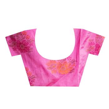Banarasi ari silk blend saree in magenta color with multicolor motifs and zari border 4