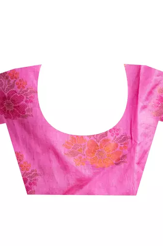 Banarasi ari silk blend saree in magenta color with multicolor motifs and zari border
