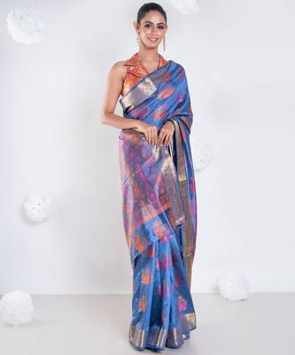 Banarasi silk blend saree in dark grey color with multicolor motifs and zari border 1