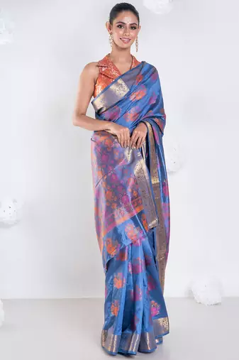 Banarasi silk saree in dark grey color with multicolor motifs and zari border