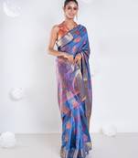 Banarasi silk saree in dark grey color with multicolor motifs and zari border
